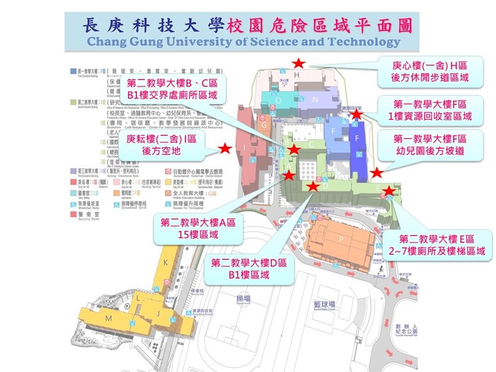 林口本部夜間安全死角分布圖，共標示8處區域，詳細位置請見下方說明