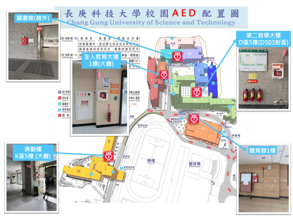 林口本部 AED 設置圖，共五處，說明見下方文字